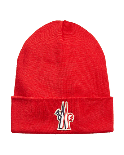 Shop Moncler Men's Tight Knit Beanie Hat W/ Logo Patch In Red