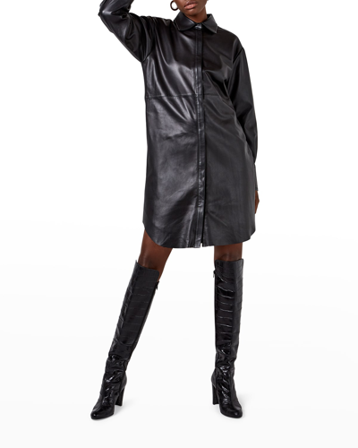 As By Df Bonsoir Long Sleeve Recycled Leather Shirtdress In Black