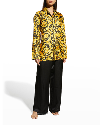 Shop Versace Barocco-print Silk Pajama Top In Black-gold