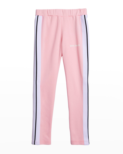 Shop Palm Angels Girl's Logo Contrast-striped Leggings In Pink White