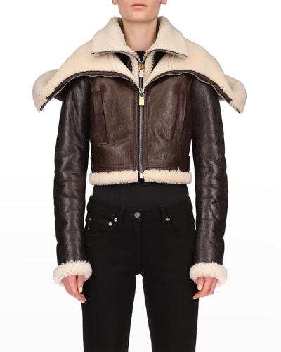 Shop Givenchy Leather Cropped Vintage Hooded Jacket W/ Shearling Trim In Black/beige