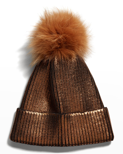 Shop Adrienne Landau Metallic Ribbed Beanie W/ Fox Fur Pompom In Brown
