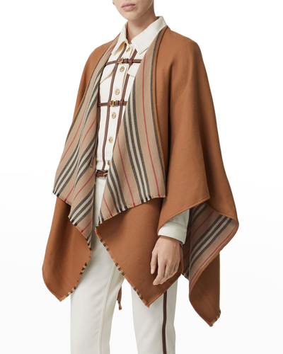 Shop Burberry Reversible Icon Stripe Wool Cape In Flaxseed