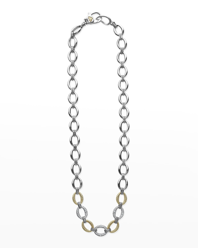 Shop Lagos Caviar Lux Two-tone Three Pave Diamond Station Oval Link Necklace In Two Tone