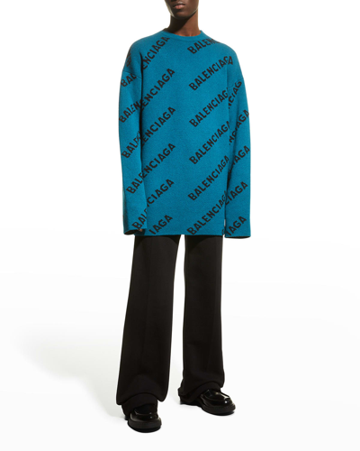 Shop Balenciaga Men's Wool Logo Sweater In Blu/nero