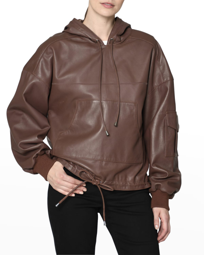 Shop Nicole Miller Hooded Leather Pullover In Brown