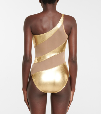 Shop Norma Kamali Snake Paneled One-shoulder Swimsuit In Gold Foil