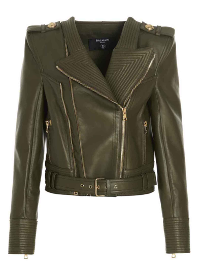 Shop Balmain Leather Jacket In Green