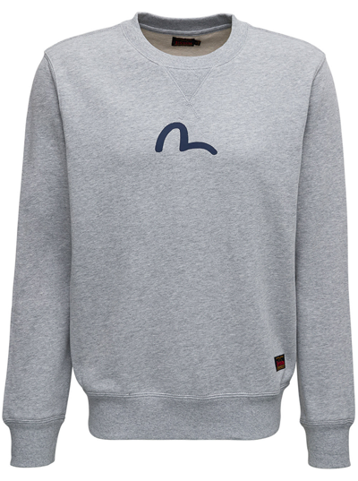 Shop Evisu Grey Cotton Crew Neck Sweatshirt With Logo Print