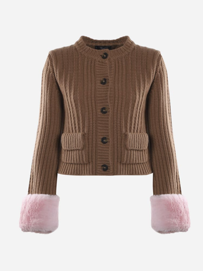 Shop Blumarine Wool And Cashmere Cardigan With Eco Fur Inserts In Biscuit, Pink