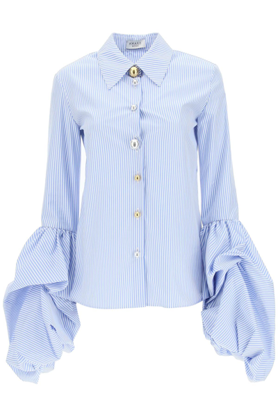 Shop A.w.a.k.e. Puff Sleeves Shirt In White Blue Striped (white)