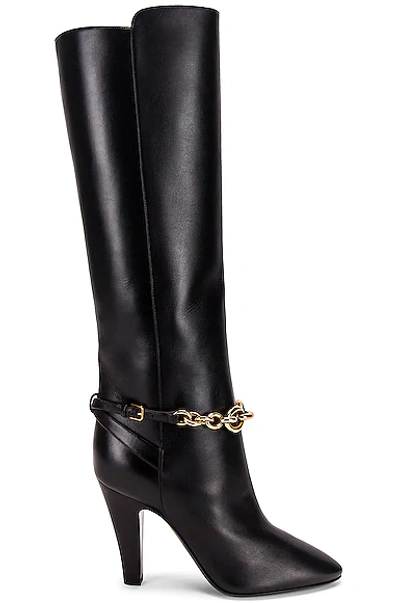 Saint Laurent Leather Boots With Gold Tone Chain Detail In Nero
