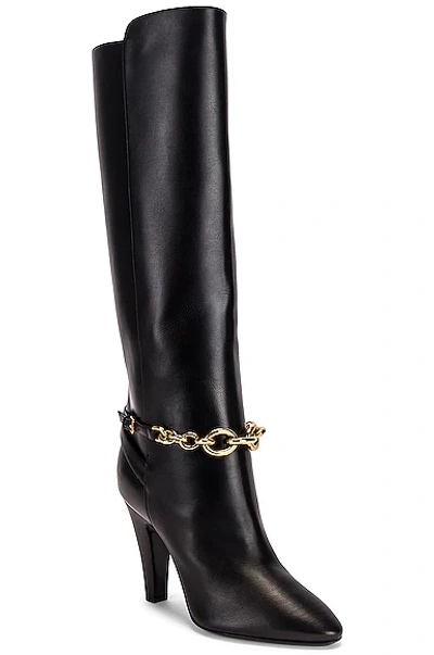 Saint Laurent Leather Boots With Gold Tone Chain Detail In Nero