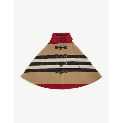 Shop Burberry Icon Stripe Wool Hooded Cape 4-12 Years In Archive Beige