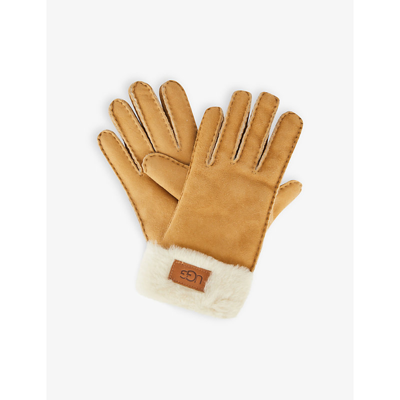 Shop Ugg Women's Chestnut Logo-embroidered Turn-up Leather And Shearling Gloves