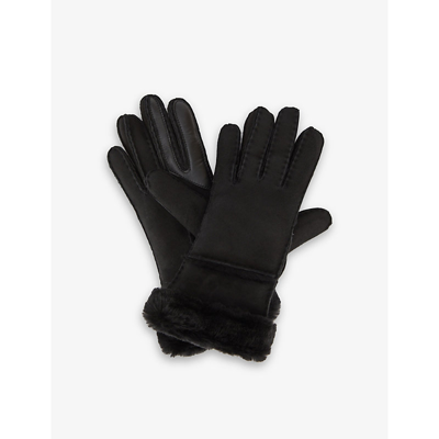 Shop Ugg Women's Black Tech Logo-embroidered Leather And Shearling Gloves