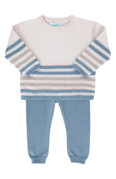 Shop Feltman Brothers Stripe Cotton Sweater & Pants Set In Ecru/ Vintage Blue