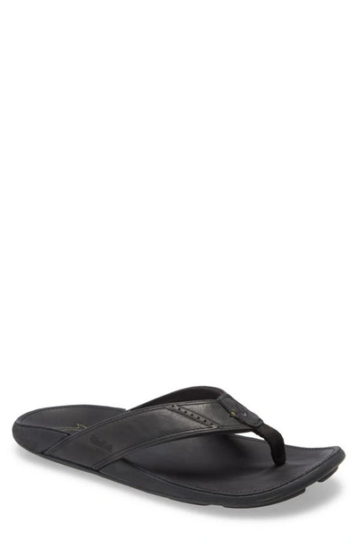 Shop Olukai 'nui' Leather Flip Flop In Black/ Lava Rock Leather