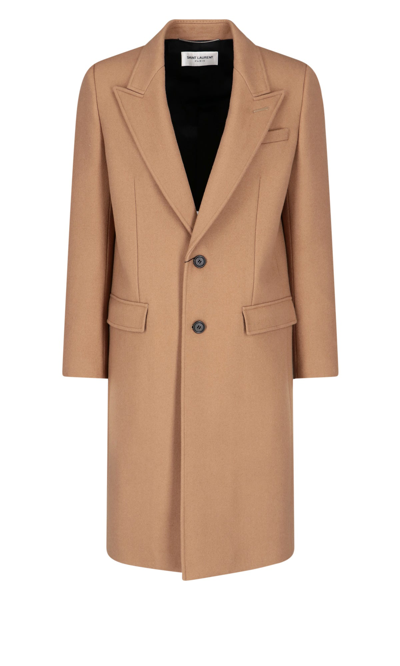 Shop Saint Laurent Single Breasted Overcoat In Beige