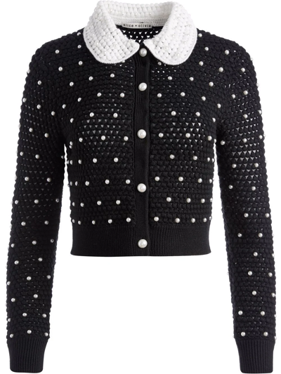 Shop Alice And Olivia Collings Crochet Beaded Cardigan In Schwarz