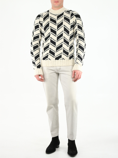 Shop Saint Laurent Sweater In Monochrome Chevron Jacquard In White