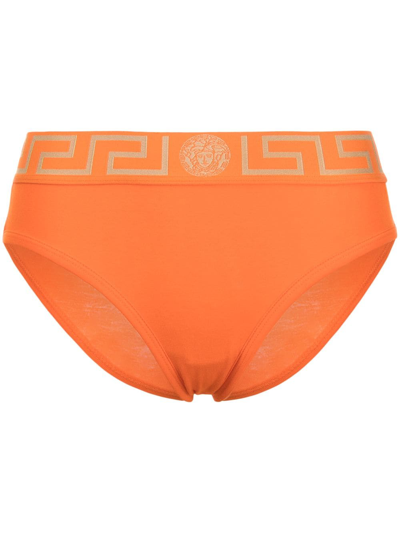 Shop Versace Greca-waistband Briefs In Orange