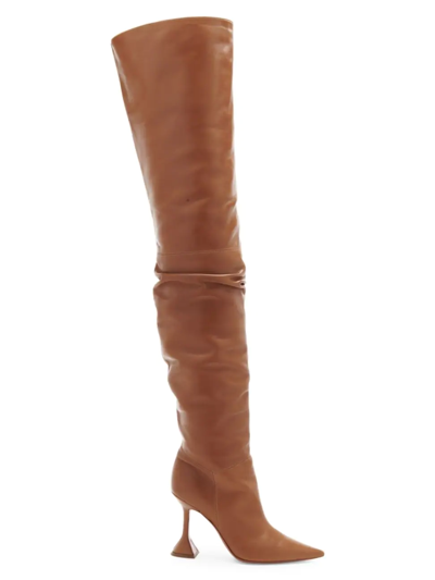 Shop Amina Muaddi Olivia Thigh-high Pvc Block-heel Leather Boots In Nappa Camel