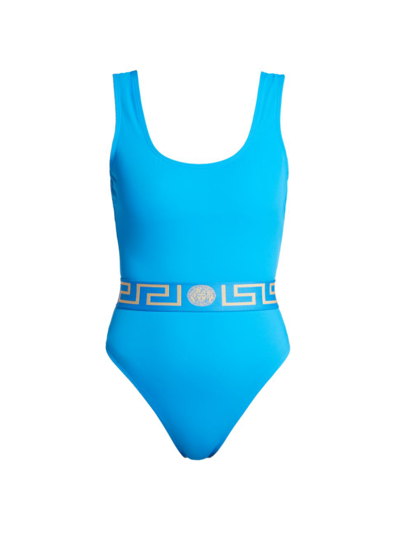 Shop Versace Women's Greek Key Belt One-piece Swimsuit In Turquoise