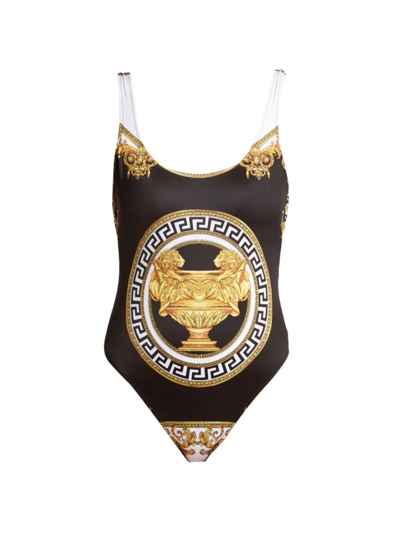 Shop Versace Women's Goblet One-piece Swimsuit In White Gold Black