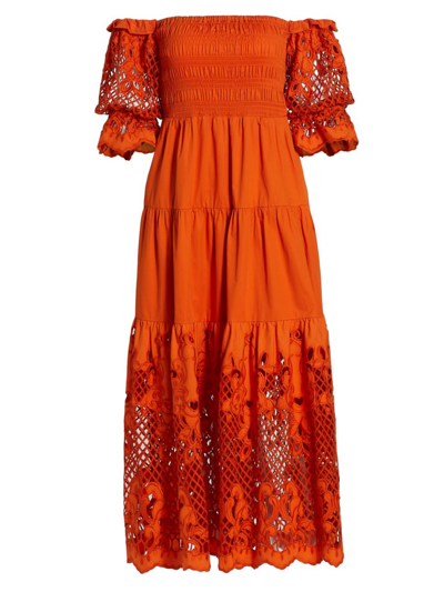 Shop Self-portrait Women's Lattice Embroidered Midi-dress In Burnt Orange