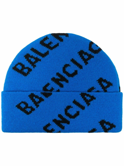 Shop Balenciaga All-over Logo Beanie In 蓝色