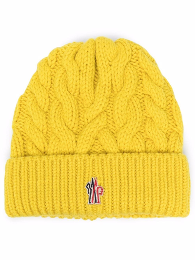 Shop Moncler Embroidered Logo Beanie In Gelb