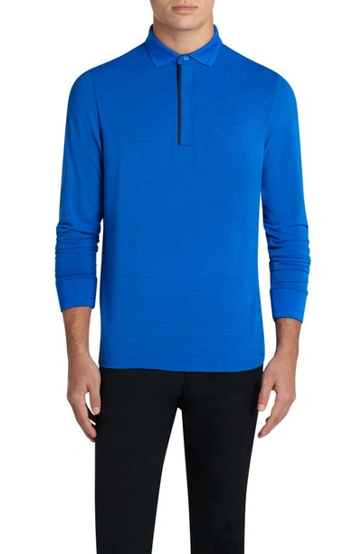 Shop Bugatchi Micro Stripe Long Sleeve Zip Polo Shirt In Classic Blue