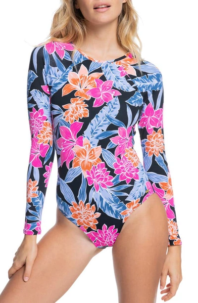 Shop Roxy Tropical Print Rashguard One-piece Swimsuit In Anthracite Tropical Oasis S