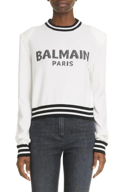 Shop Balmain Mesh Logo Wool Blend Crop Sweater In Blanc/ Noir