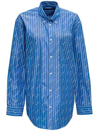 Shop Balenciaga Stripe Logo Cotton Shirt In Light Blue