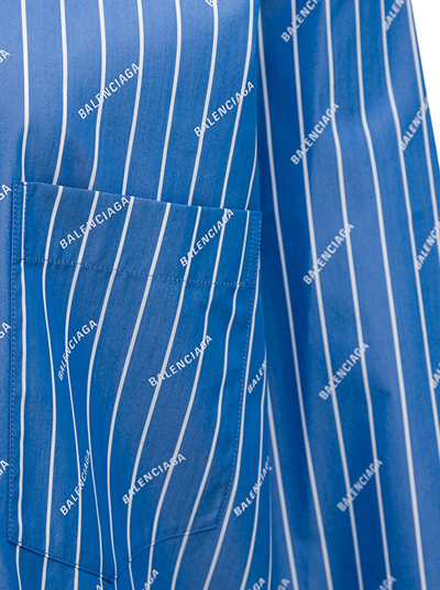 Shop Balenciaga Stripe Logo Cotton Shirt In Light Blue