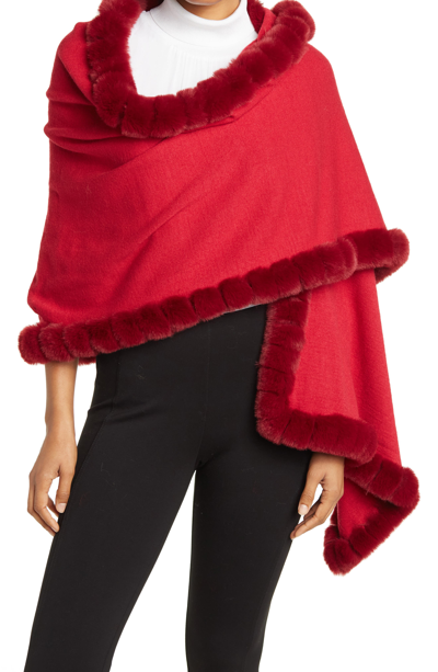 La Fiorentina Faux Fur Trim Wrap Scarf In Red