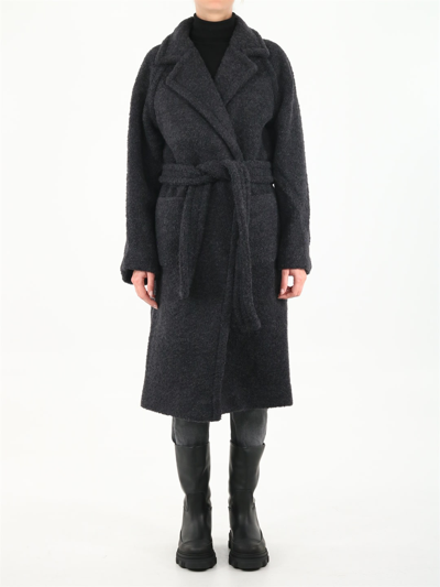 Shop Ganni Bouclè Long Wrap Coat In Black