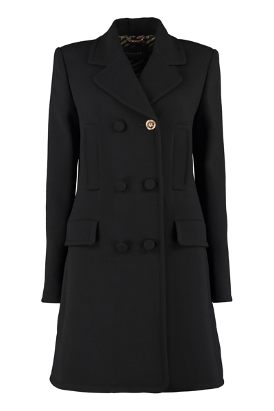 Shop Versace Double-breasted Wool Coat In Black