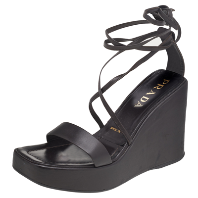 Pre-owned Prada Dark Brown Leather Wedge Platform Ankle Wrap Sandals Size 39
