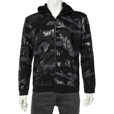 Pre-owned Valentino Black Camouflage Print Cotton Zip Up Hooded Sweatshirt L