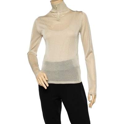 MAX MARA Pre-owned Beige Sheer Lurex Knit Turtle Neck Long Sleeve Top M