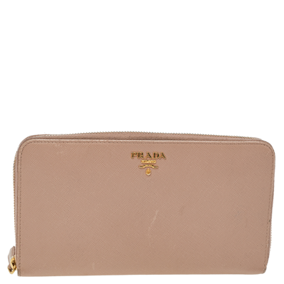 Pre-owned Prada Cream Saffiano Leather Zip Around Wallet