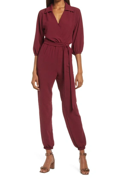 Shop Fraiche By J Tie Waist Long Sleeve Jumpsuit In Merlot