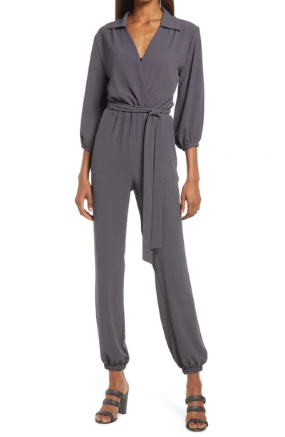 Shop Fraiche By J Tie Waist Long Sleeve Jumpsuit In Charcoal