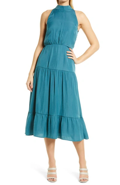 Shop Sam Edelman High Neck Tiered Hem Sleeveless Midi Dress In Industrial Green