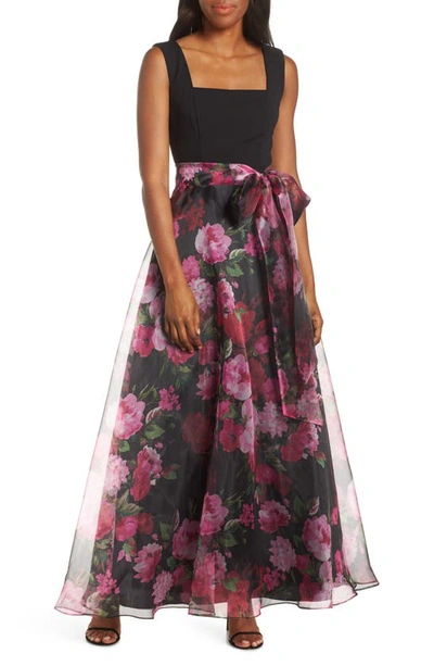 Shop Eliza J Floral Organza Gown In Black Multi