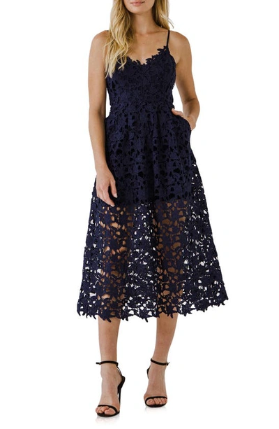 Shop Endless Rose Lace Spaghetti Strap Midi Dress In Navy