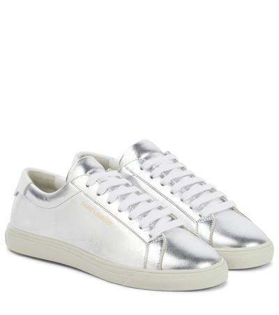 Shop Saint Laurent Andy Metallic Leather Sneakers In Argento/blanc Optiqu